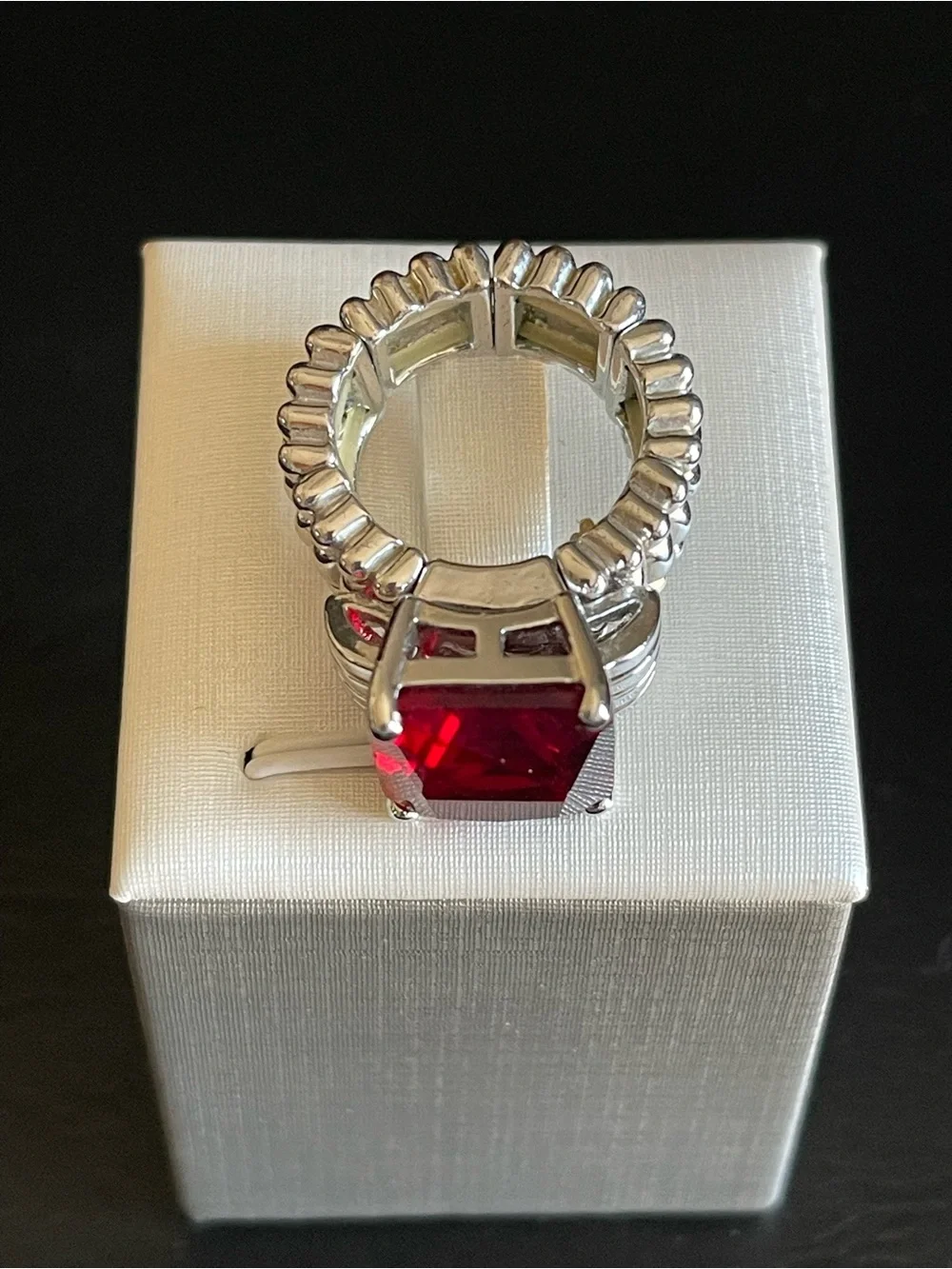 Emerald cut red rhinestone Statement Ring .